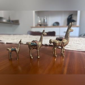 Vintage Brass & Turquoise Alpaca Llama Figurines